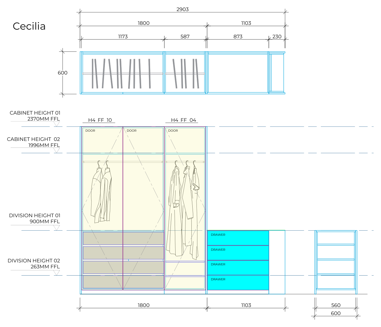 Cecilia Room — wardrobe and drawer bank elevation